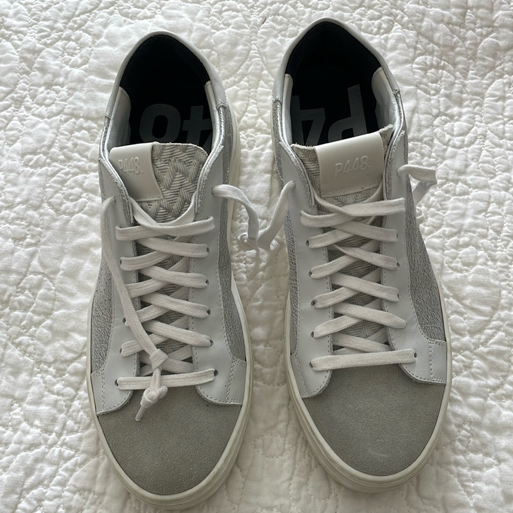 P448 tennis shoe, silver, grey and white, all leather